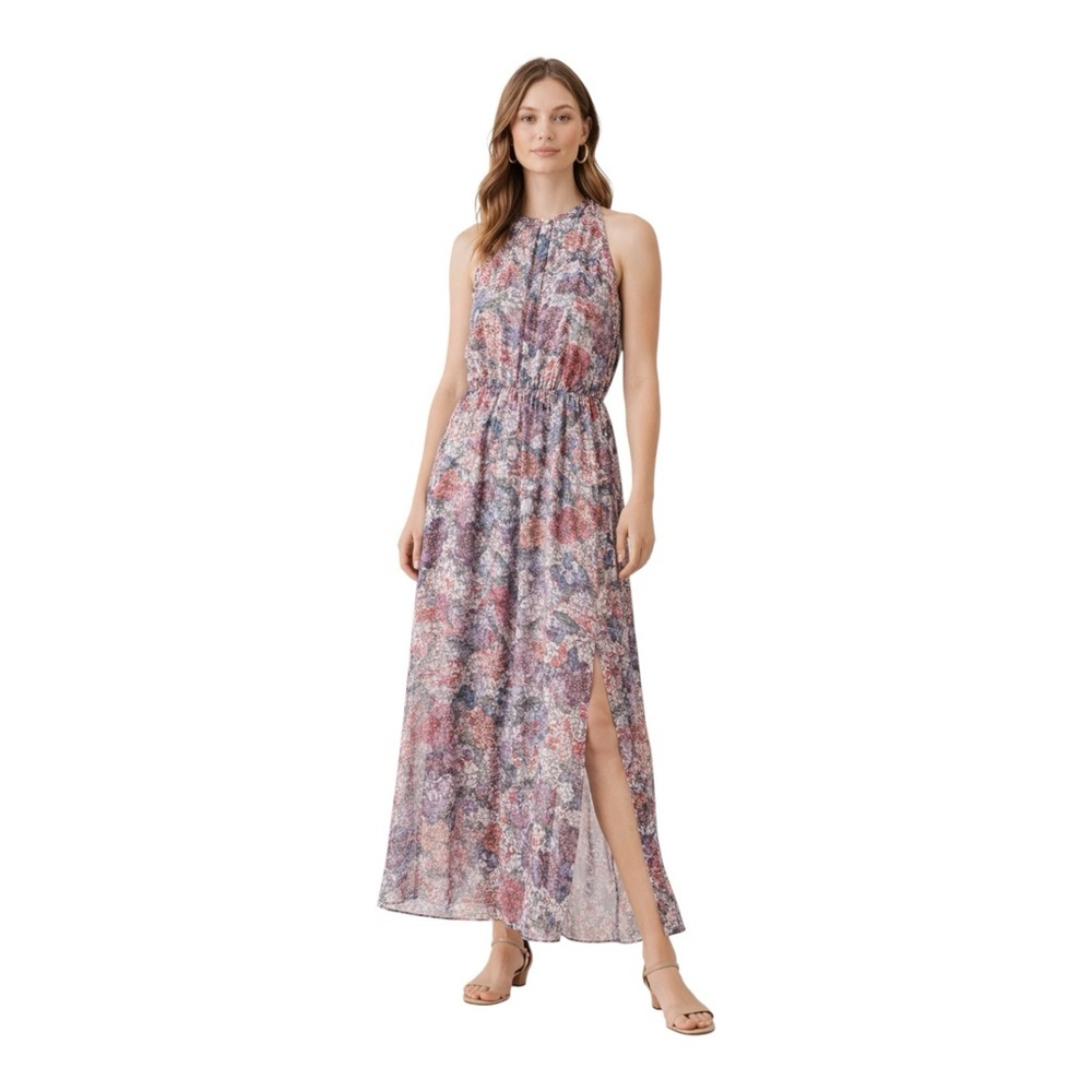 H&M Floral Maxi Dress Size 4 Sleeveless Sheer Slit Elastic Waist